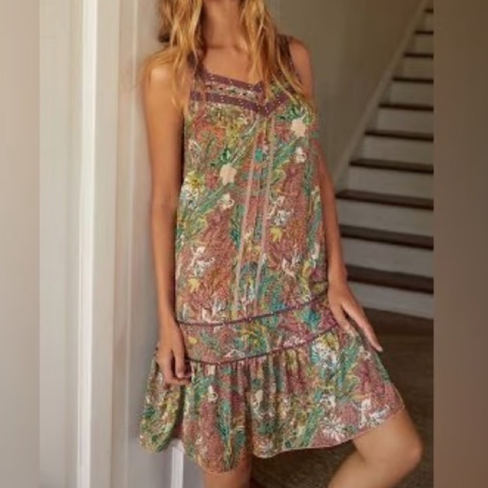 Anthropologie Tiny Boho Floral Tiered Mini Slip Dress Lightweight Size M